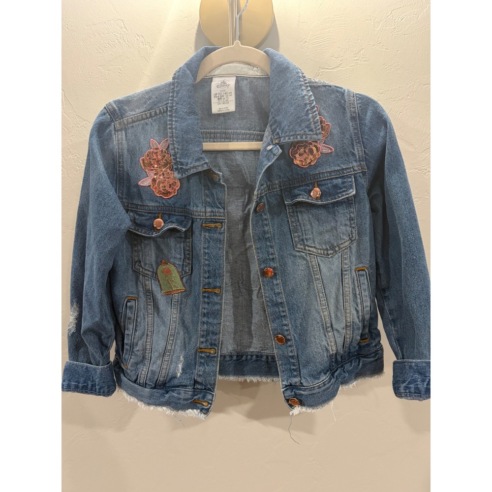 Disney Princess Belle Beauty and the Beast Sequin Distressed Denim Jacket 9/10